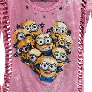 Idol Womens Tank Top Size Medium Pink Minions Graphic Cut Out Acid Wash Punk